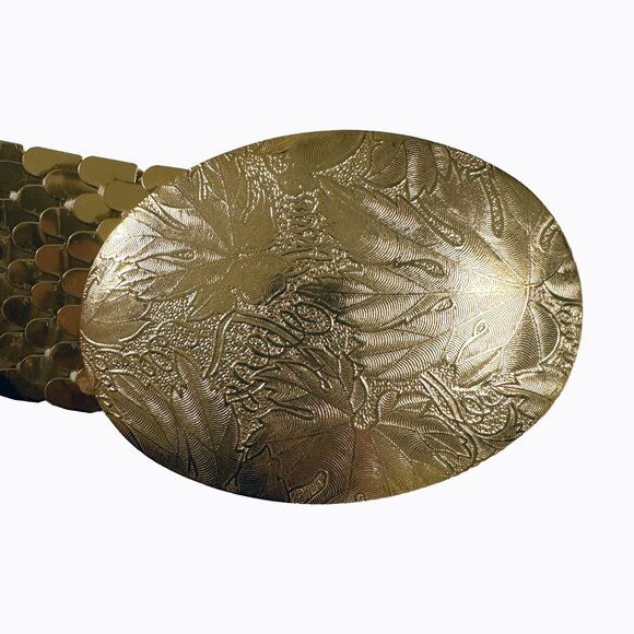 Vintage Metallic Gold Fish Scale Belt Lg-1X Slinky Stretch Oval Buckle 70s Disco - Picture 7 of 9